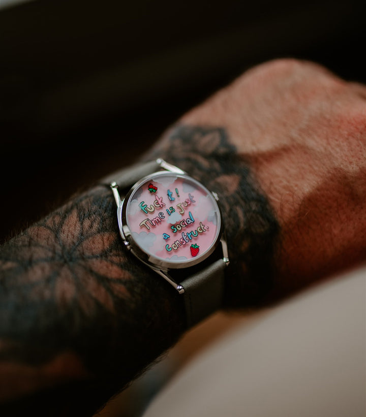 Berry Late Again! watch, on a wrist with tattoos